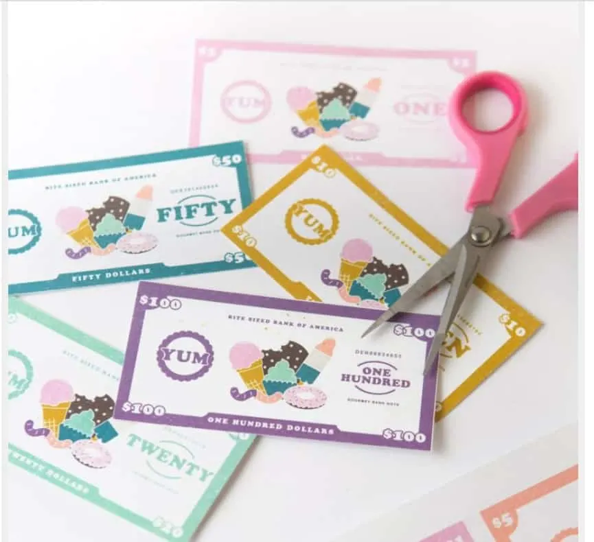 screenshot of preschool pretend money with ice cream and sweets theme