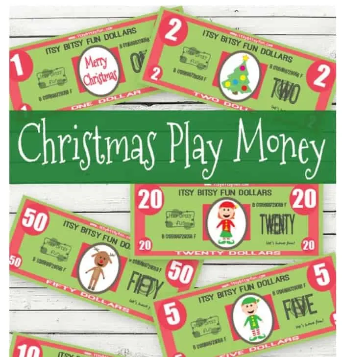 screenshot of fake money Christmas printables for kids