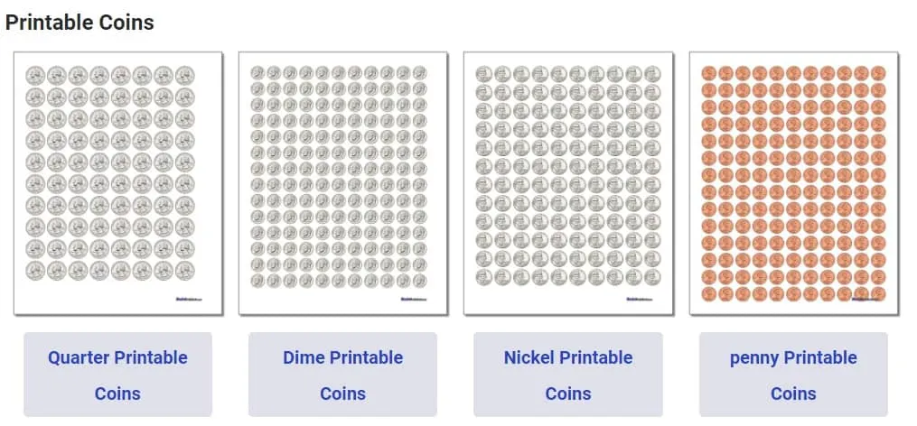 screenshot of printable pretend coin sheets