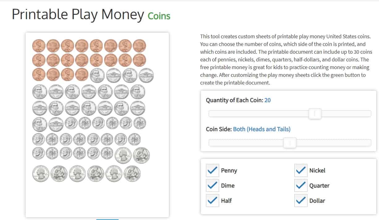 screenshot of pretend coins to print