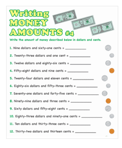 screenshot of printable money worksheets pdfs for 2nd graders, writing money amounts