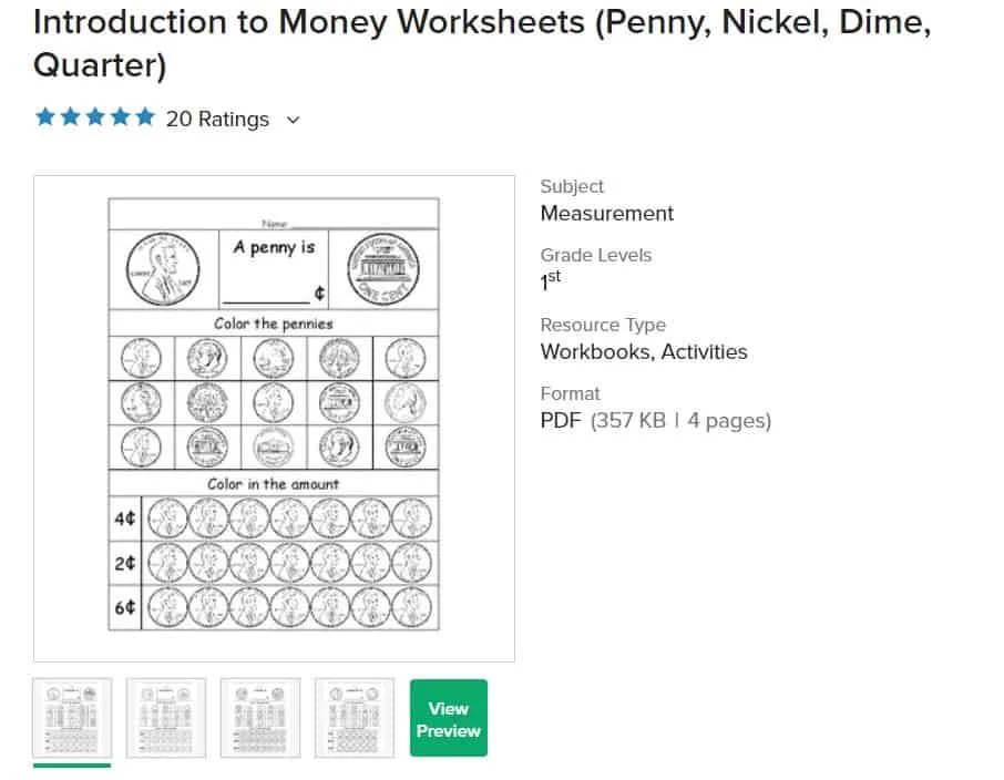 screenshot of free money worksheet for second grade, intro to coins