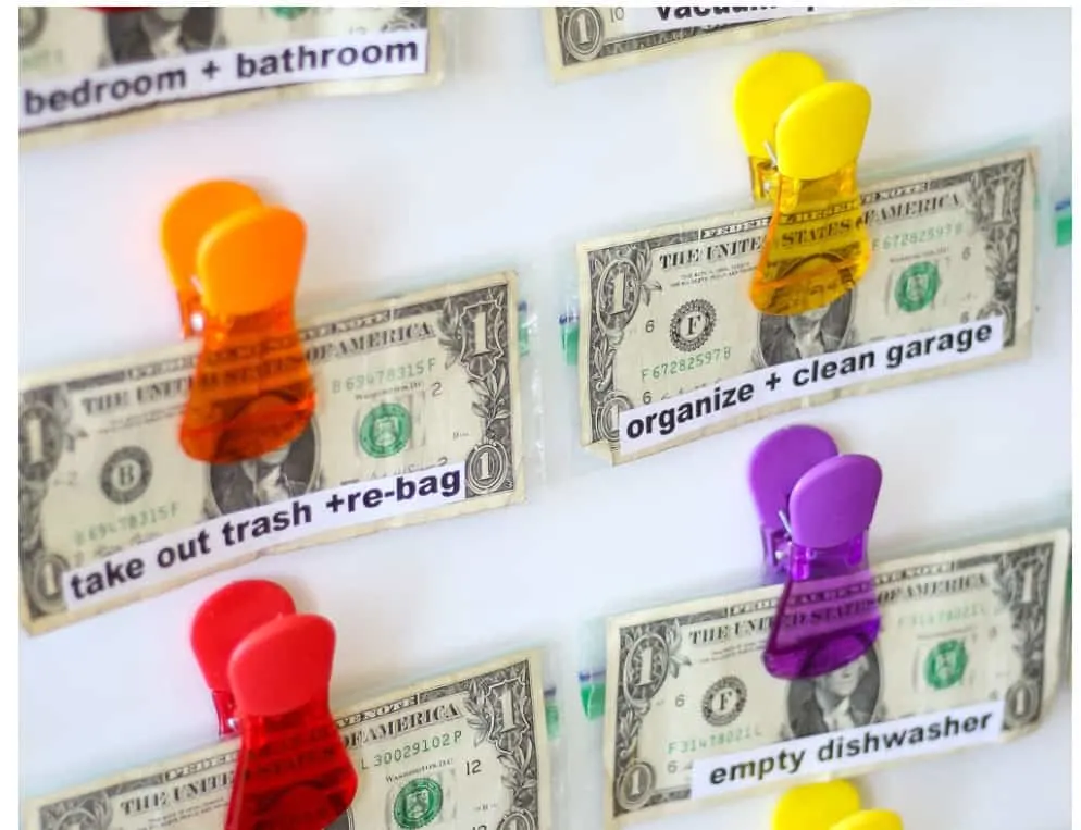 screenshot of chore chart money clip using snack baggies and clips