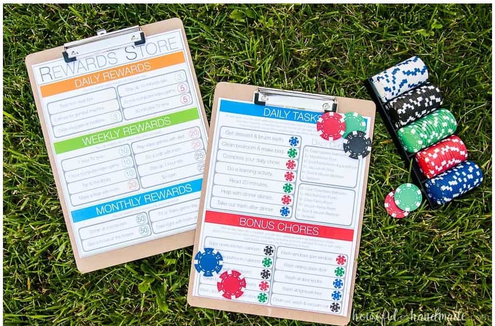 screenshot of free printable family chore charts using poker chips