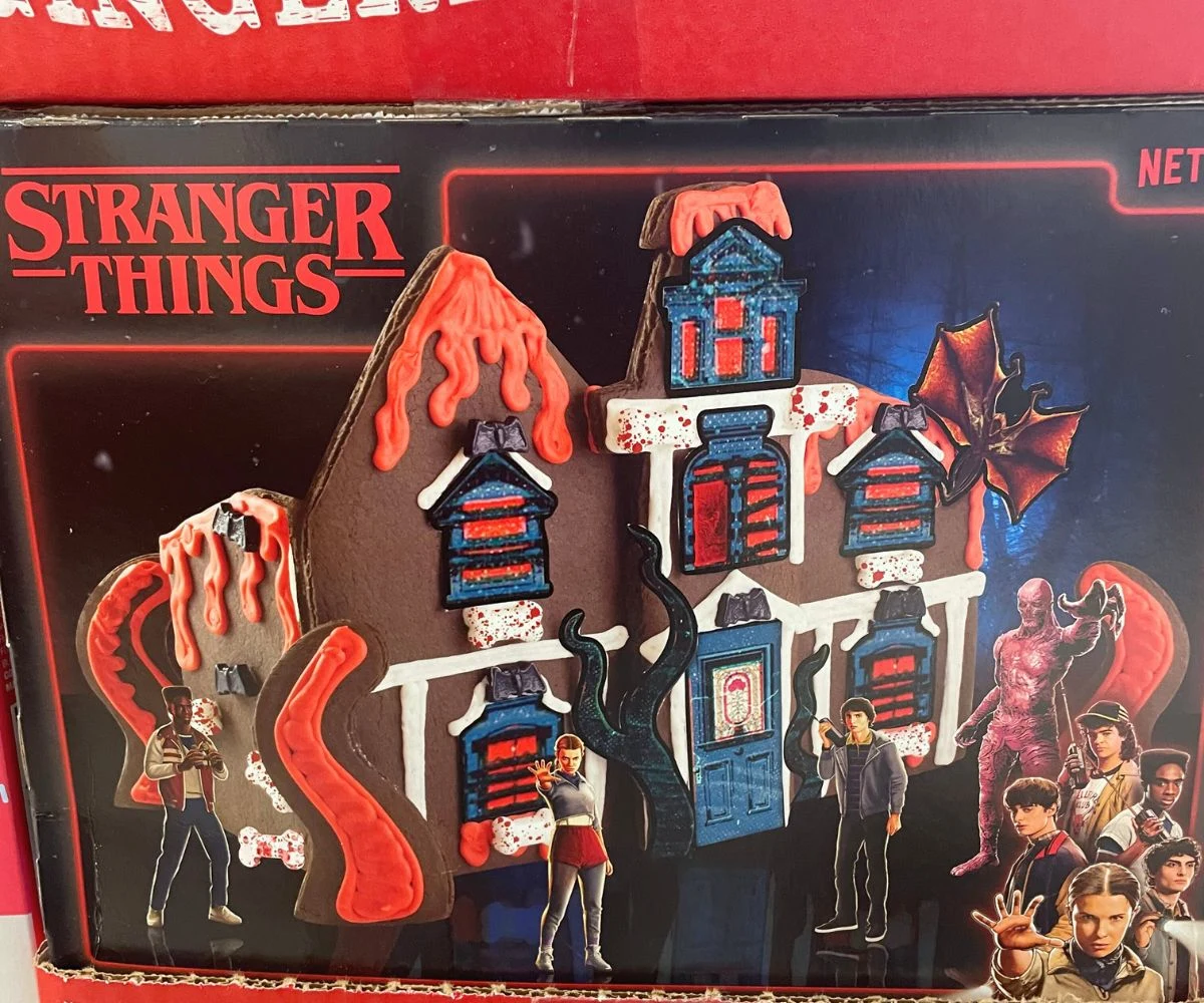 goth looking, dark gingerbread house kit themed around Stranger Things