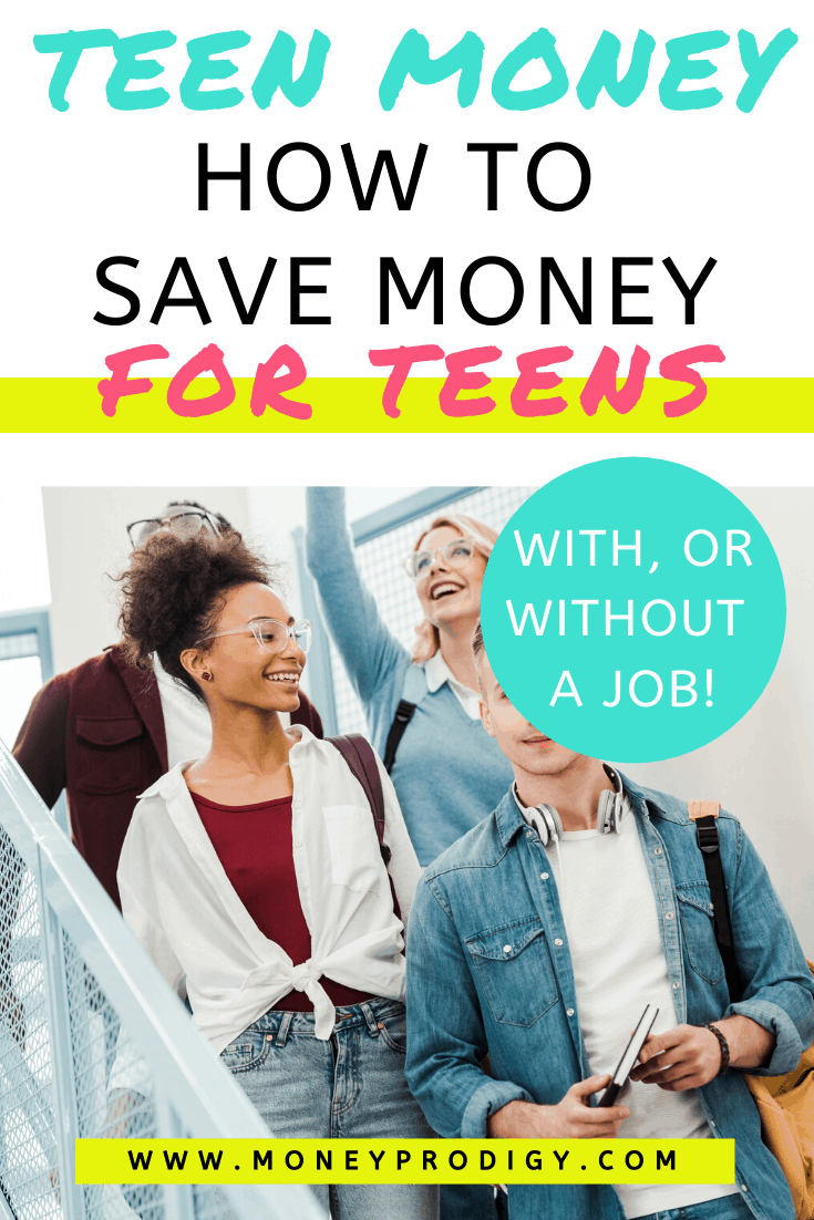 group of teens walking down stairs at high school, text overlay "how to save money as a teen, with or without a job"