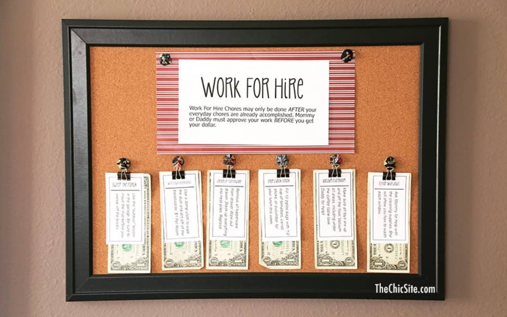 screenshot of bulletin board using work for hire chore chart printables and money clips