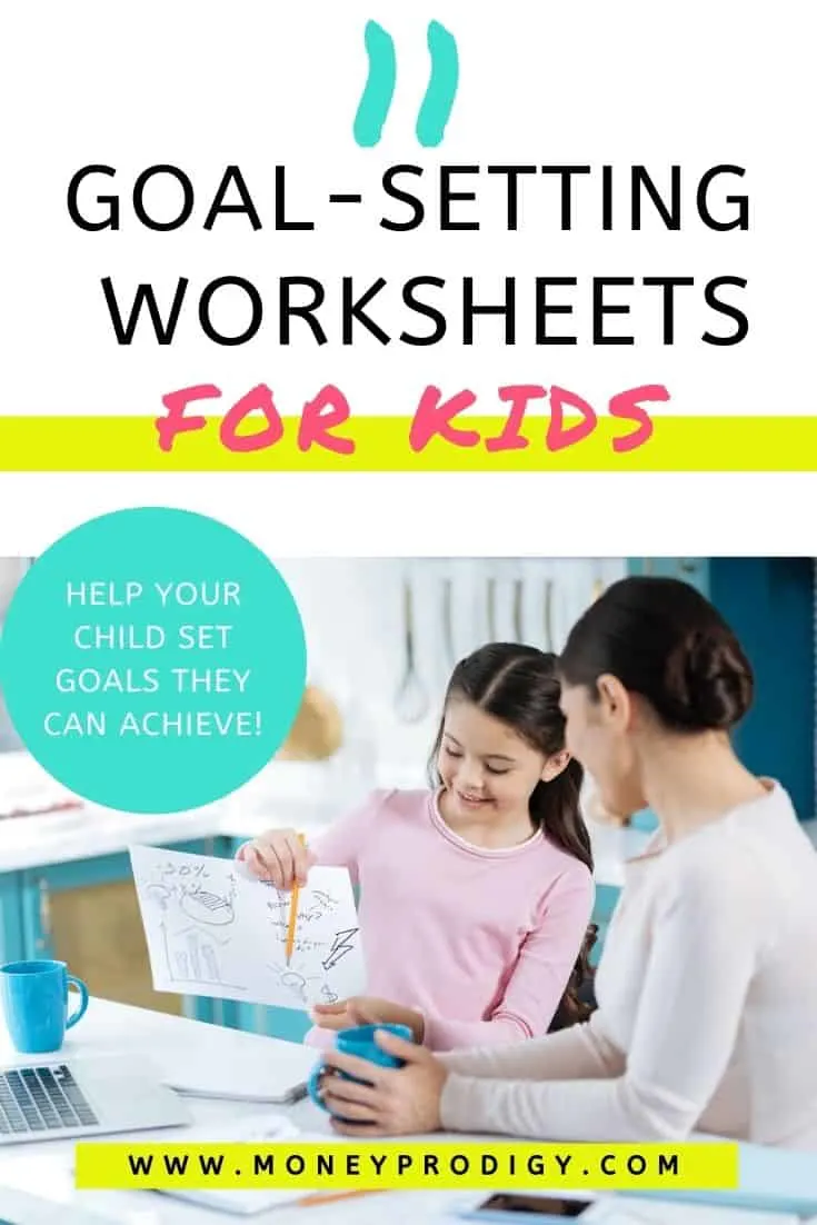 child with goal worksheet, showing it to mother, text overlay