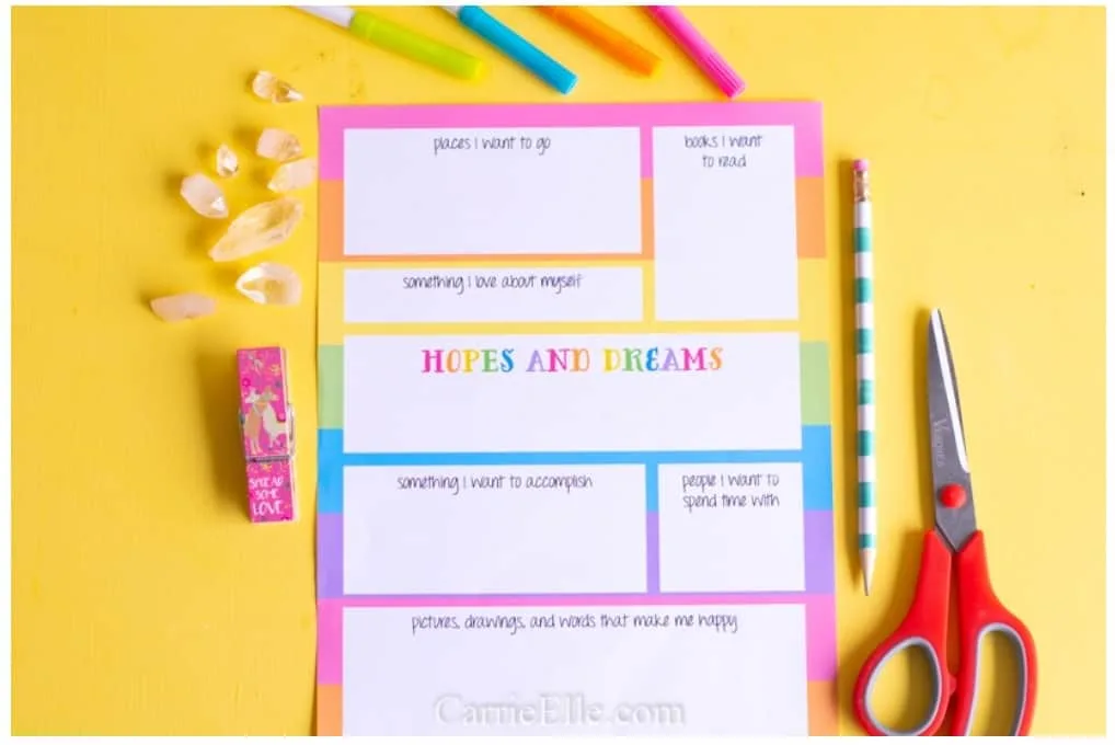screenshot of free vision board printables centered around Hopes and Dreams, on yellow background