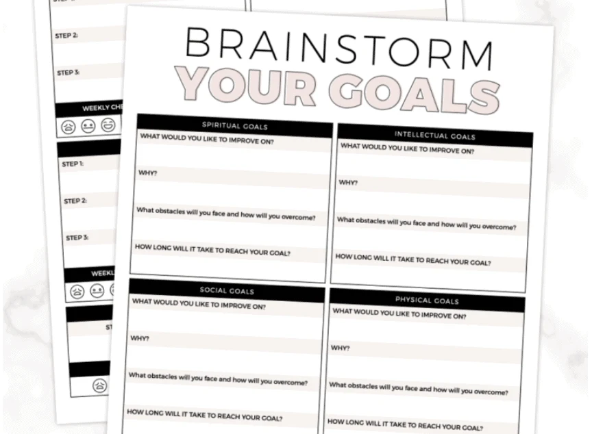 screenshot of brainstorming goal setting worksheet for students, PDF