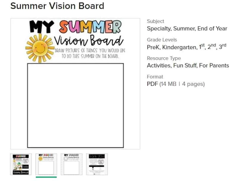 screenshot of my summer vacation vision board for kids