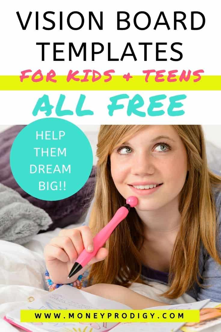 teen girl sitting in bed thinking about her vision board with pink pen, text overlay "vision board templates for kids and teens - all free"