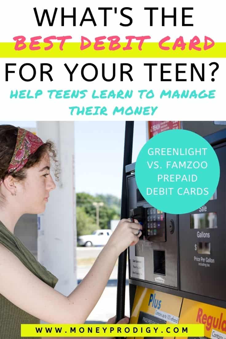 "teen using prepaid debit card to pay at gas pump, text overlay "what's the best debit card for your teen? Greenlight vs. FamZoo prepaid debit cards"