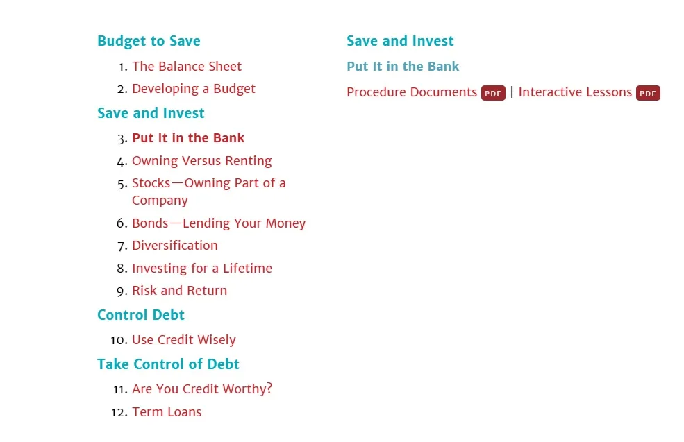 screenshot of Put it in the Bank curriculum with free lessons and PDFs
