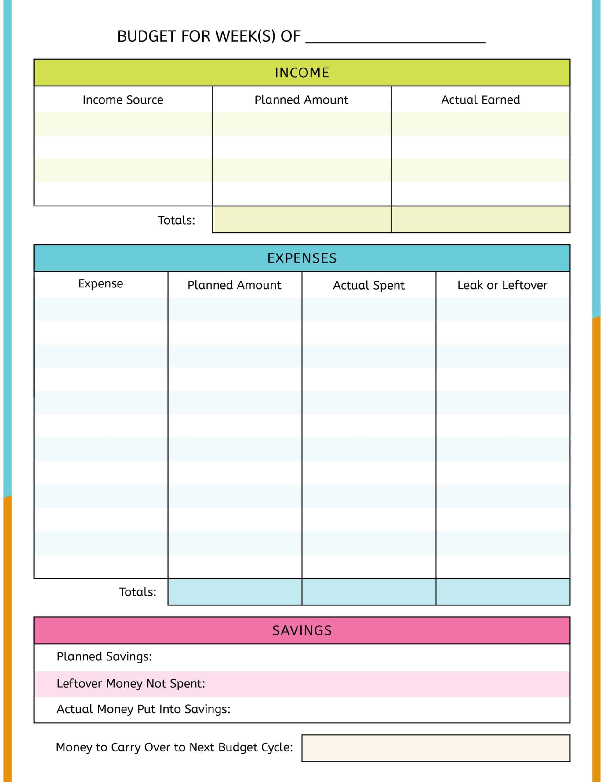 teen budget worksheet with blues, greens, orange, and pink, spot for income and expenses and savings - planned, actuals, and leak or leftovers