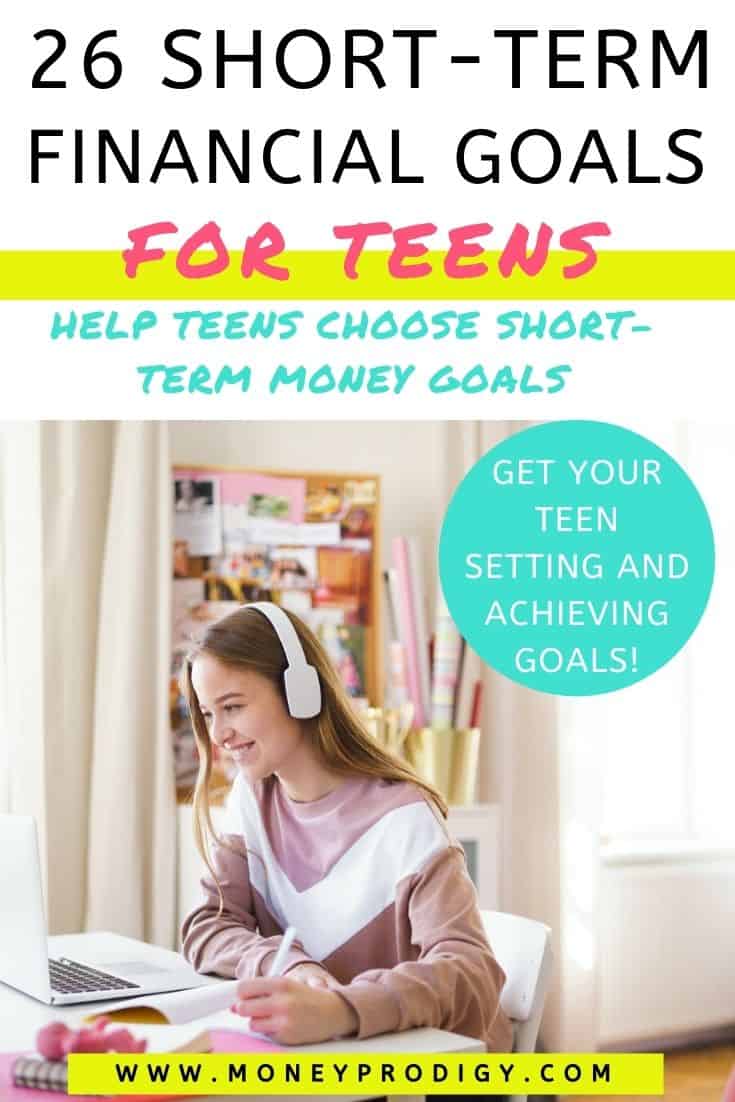 teen girl with headphones at laptop, writing, text overlay "26 short term financial goals for teens"