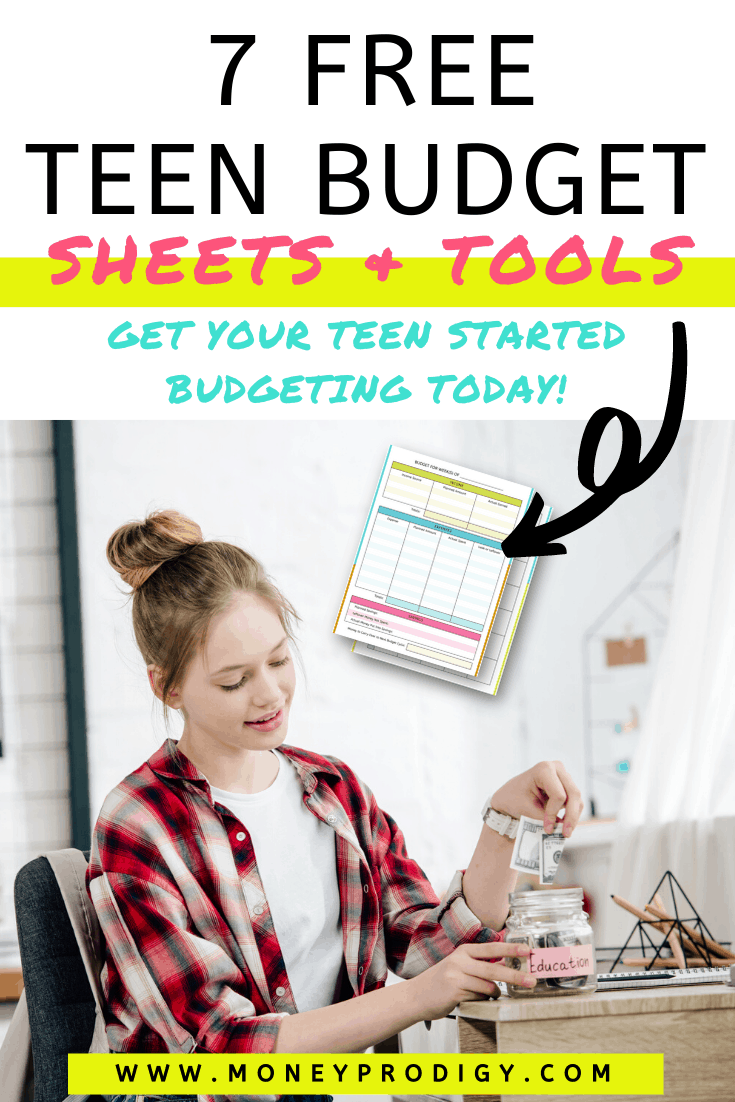 teen girl putting money into jar, smiling, text overlay "7 free teen budget worksheets and tools"