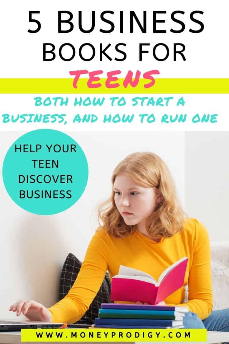 red head teen girl reading book, text overlay "5 business books for teens - how to start a business and how to run one"
