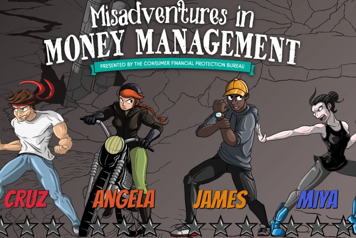 dark screen with four graphic novel characters on it, misadventures in money management