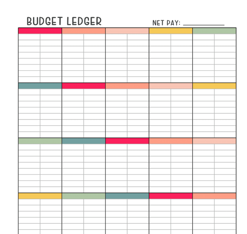 colorful budget ledger budget worksheet with an area at the top for net pay, and blank everywhere else