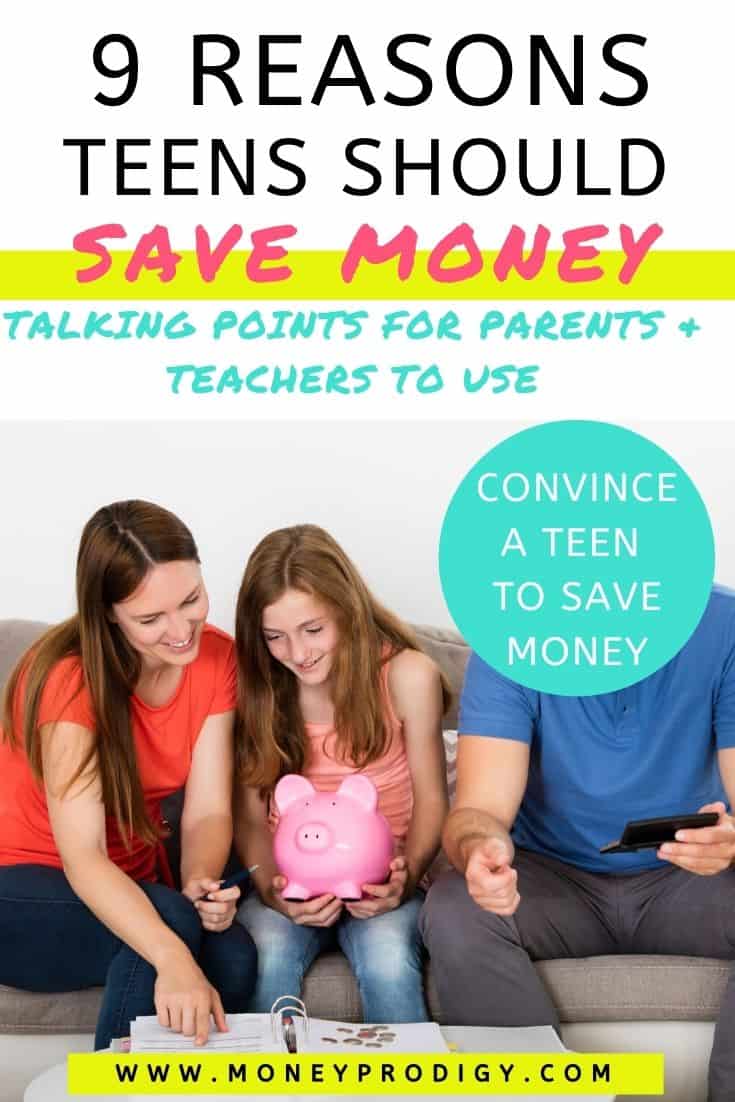 teen girl with parents on couch and big piggy bank, text overlay "9 reasons teens should save money - parent talking points"