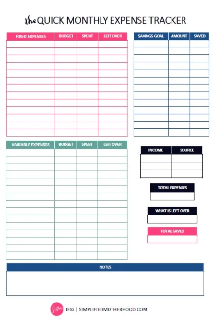 Pink, blue, green, and black, blank budget teens can use to fill in their own savings goals, fixed expenses, spending, etc.