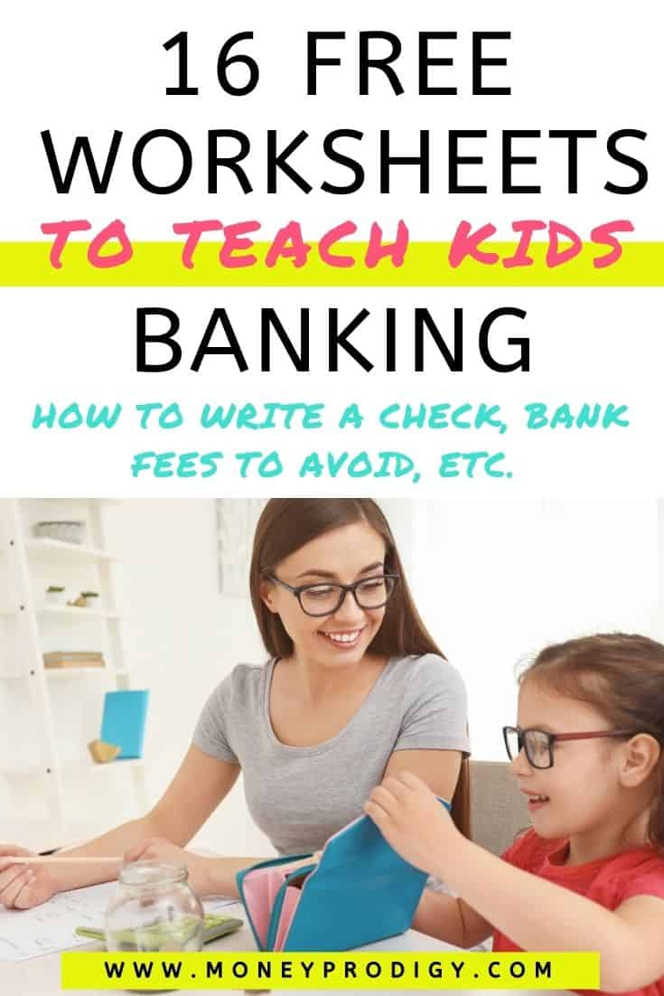 mother smiling at child who is putting money into a wallet, text overlay "16 free worksheets to teach kids banking"