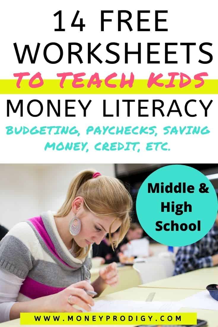 high school student girl working at desk on worksheet, text overlay "14 free worksheets to teach kids money literacy"