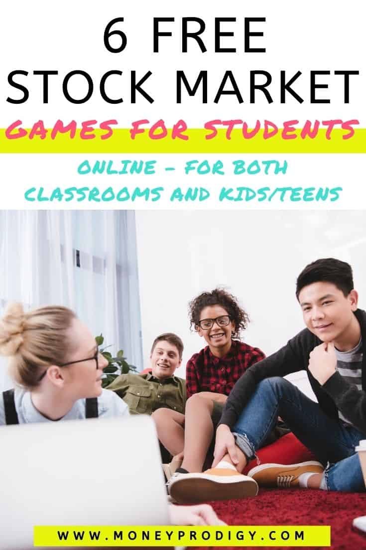 group of young teens sitting on ground with laptop, smiling, text overlay "6 free stock market games for students online for kids and teens"