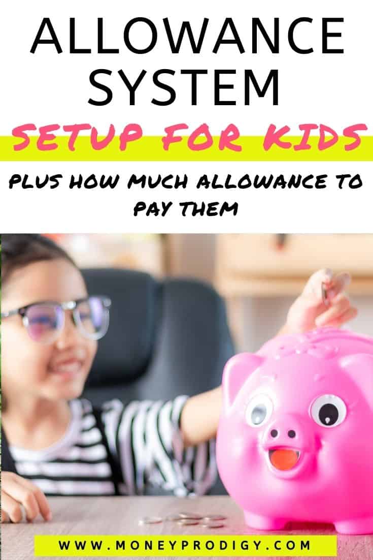 girl child putting money into piggy bank, text overlay "allowance system setup for kids plus how much allowance for kids to pay"