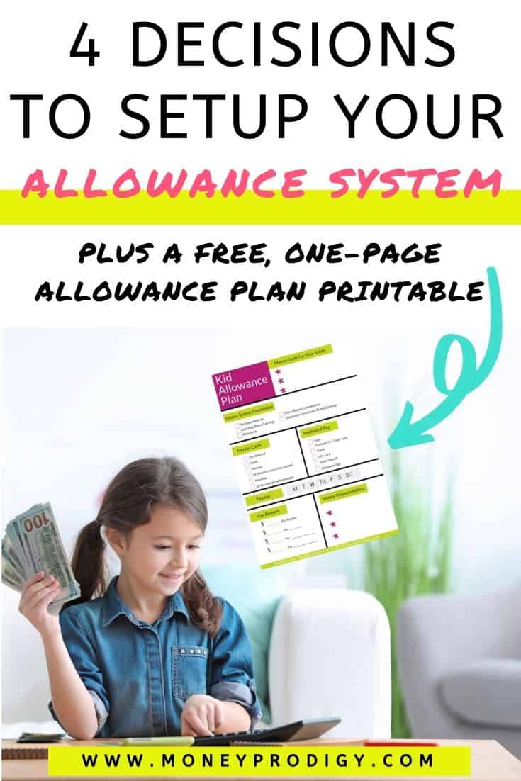 young girl holding handful of money, smiling, at desk, text overlay "4 decisions to set up your allowance system plus free one-page allowance plan"