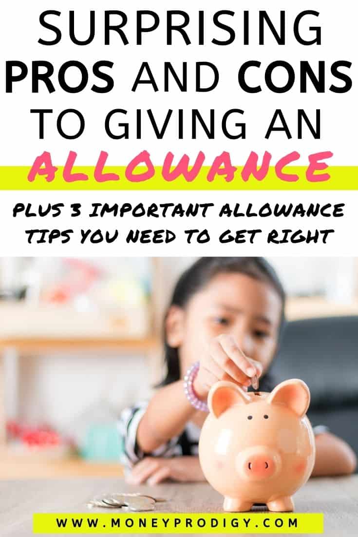 girl child putting money into orange piggy bank, text overlay "surprising pros and cons to giving an allowance"