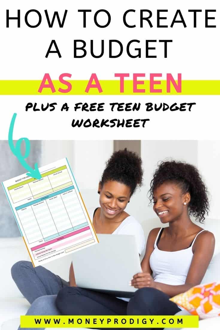 teen girl with mother on couch and a laptop, smiling, text overlay "how to create a budget as a teen plus a free teen budget worksheet"