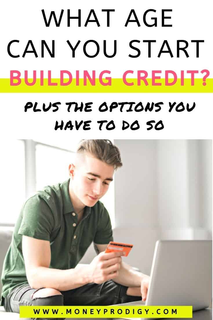 teen boy with orange credit card at laptop, text overlay "what age can you start building credit? plus the options you have to do so"