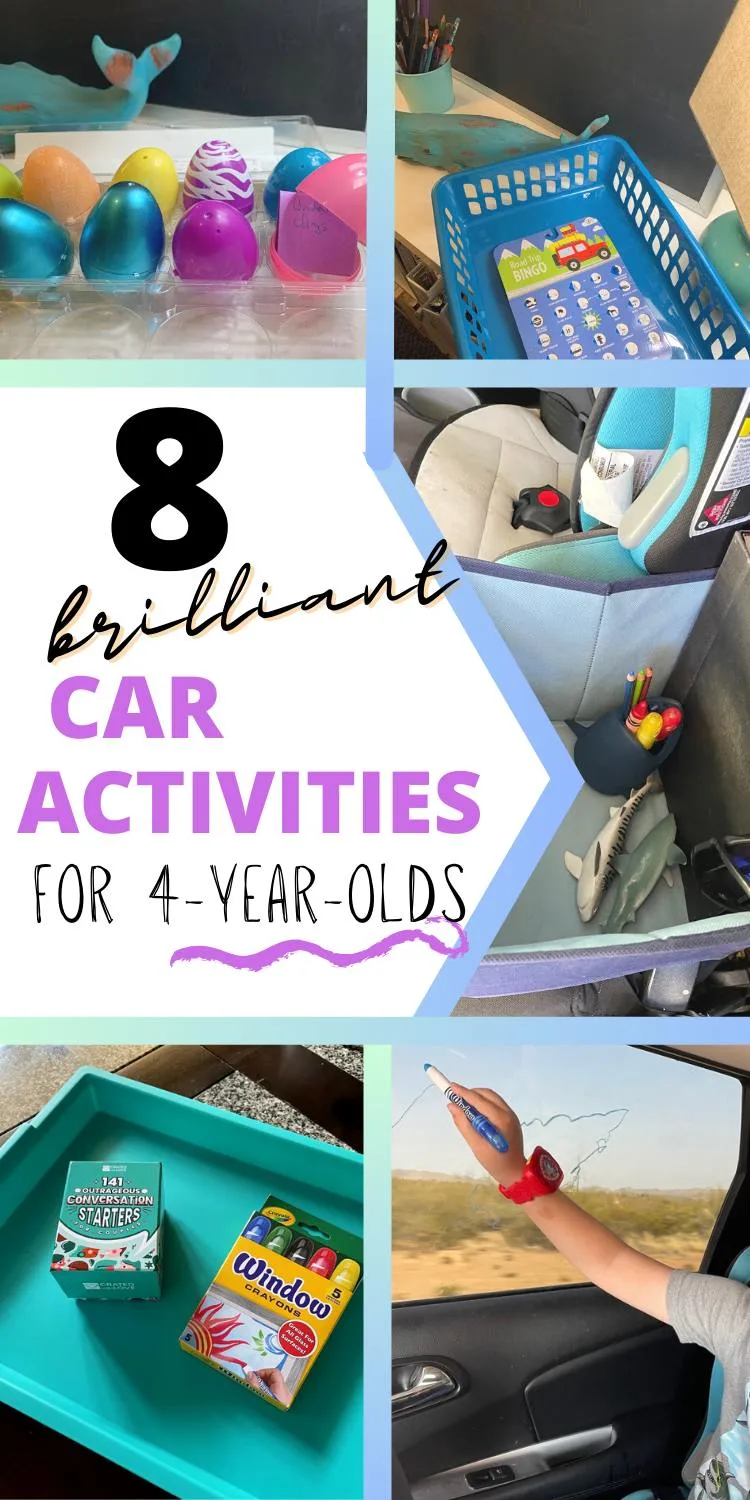 car activities and games already set up next to car seat, text overlay "8 brilliant car activities for 4 year olds"