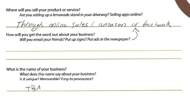 where to sell and find clients area of business plan, says she'll sell through online sales/amazon or Facebook and her business name is TBA