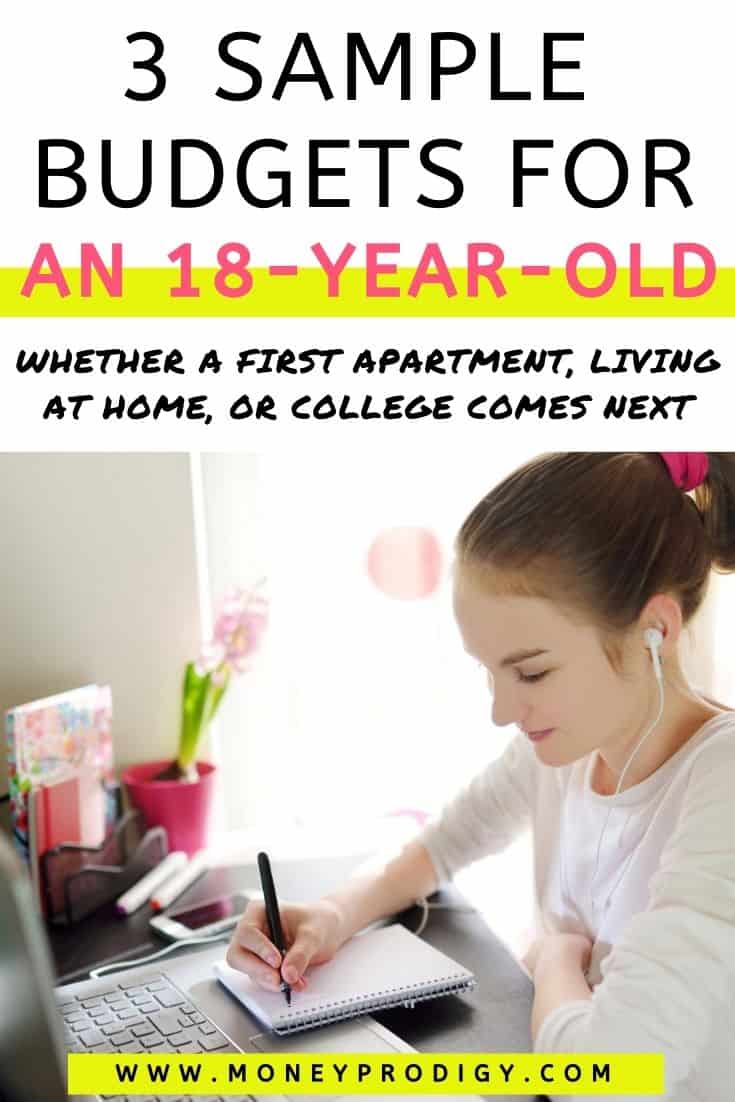 18 year old girl at desk with headphones on and budgeting, text overlay 