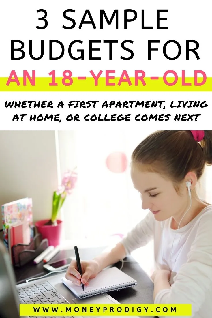 18 year old girl at desk with headphones on and budgeting, text overlay