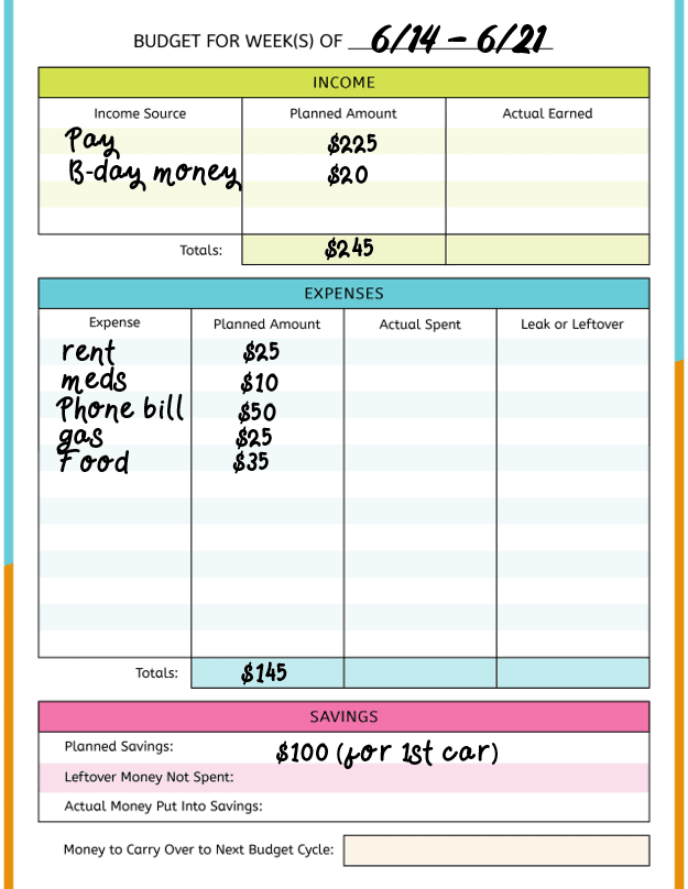 sample 18 year old budget for one week with income of $225 and expenses of $145