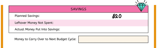 savings area of teen budget template filled in with $20 in planned savings