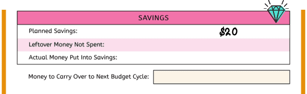 savings area of teen budget template filled in with $20 in planned savings