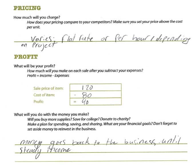 pricing area of business plan template filled in. Her rate "varies flat rate or per hour depending on project", her sale price is $120, the cost of item is $80, and her profit is $40