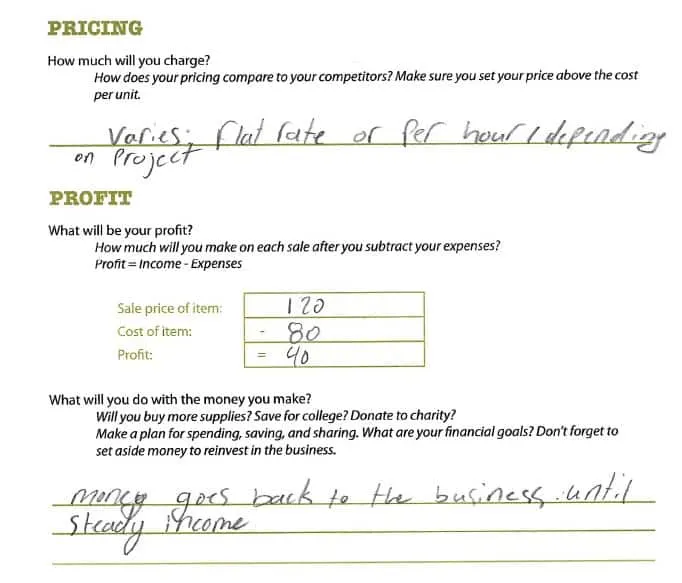 pricing area of business plan template filled in. Her rate