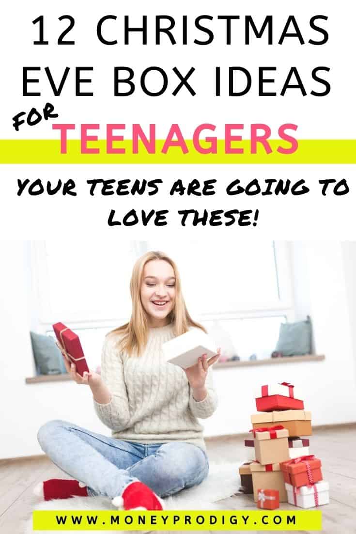 teen girl opening up Christmas Eve box and smiling, text overlay "12 Christmas eve box ideas for teenagers"