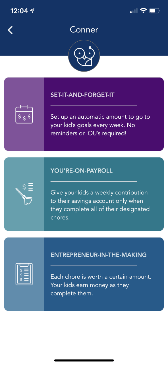 goalsetter app with three choices for setting up your allowance system