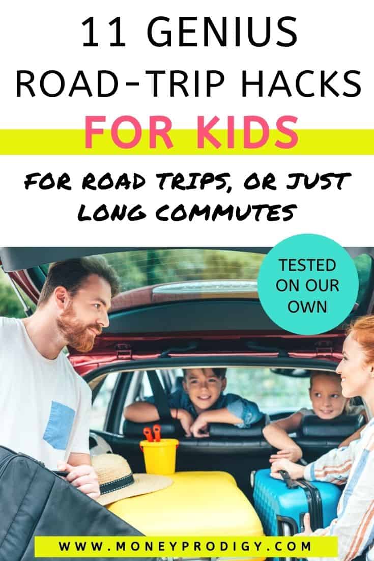 parents packing up trunk with kids looking on, text overlay "11 genius road trip hacks with kids - for road trips or long commutes"