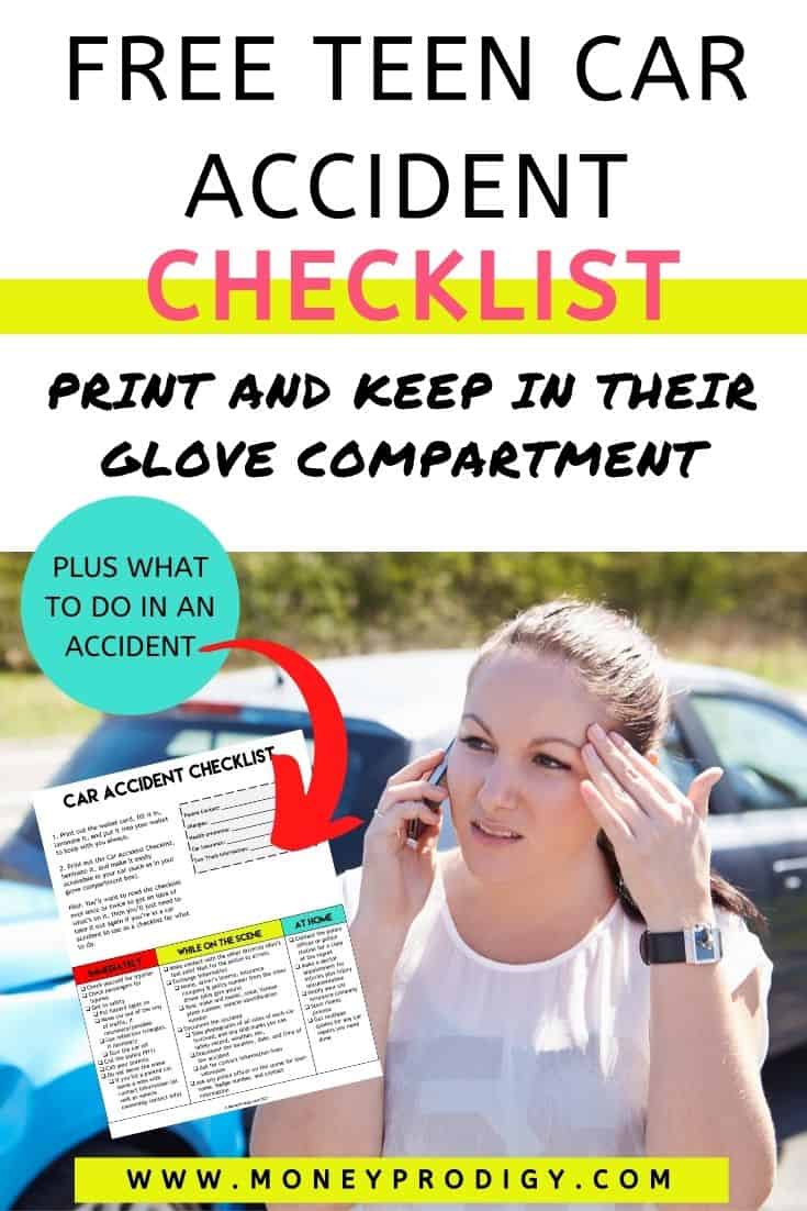 teen girl on phone after first car accident, text overlay "free teen car accident checklist print to keep in their glove compartment"