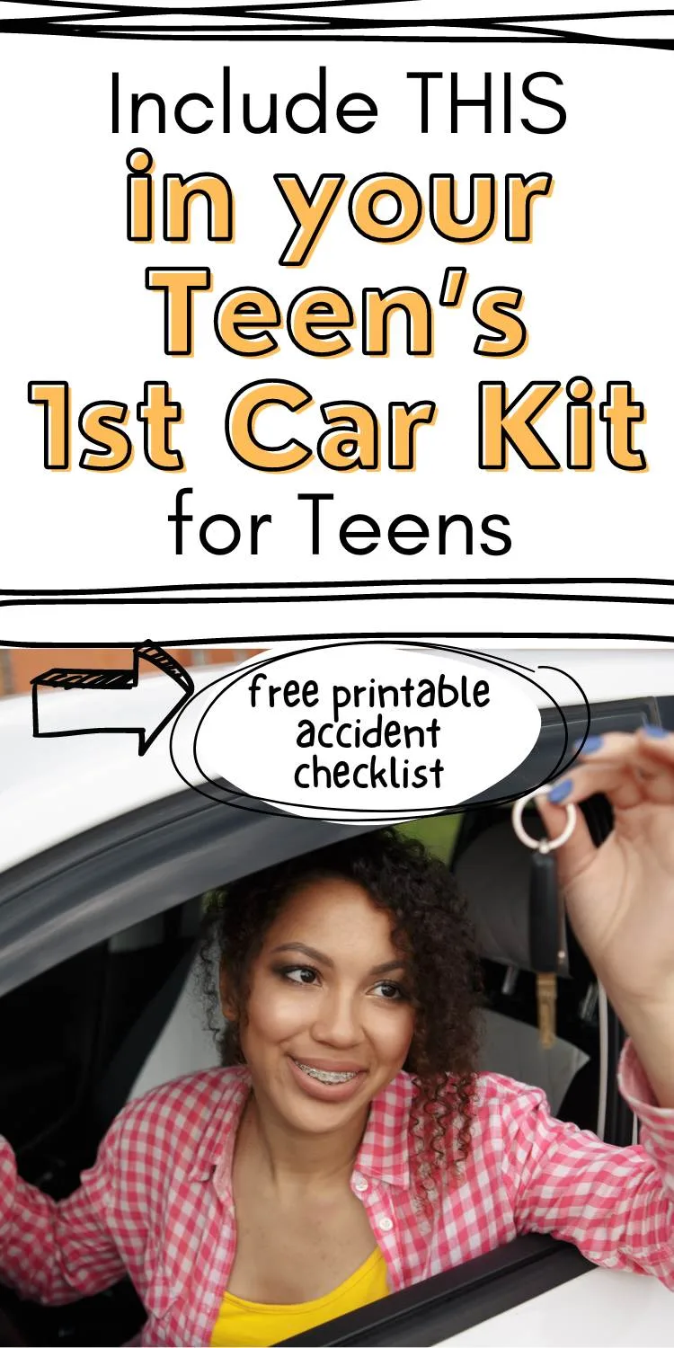teen girl holding key smiling, text overlay "include this in your teen's 1st car kit for teens"