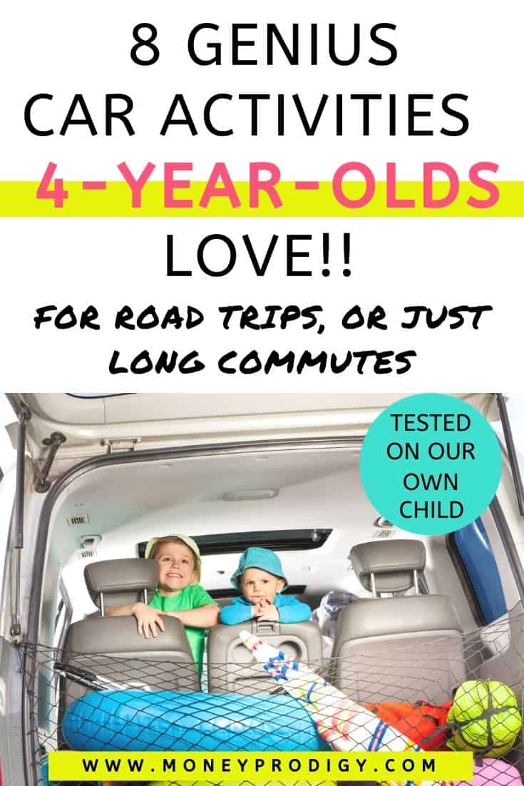 a 4-year-old and older brother looking out trunk of car, text overlay "8 genius car activities 4-year-olds love!!"