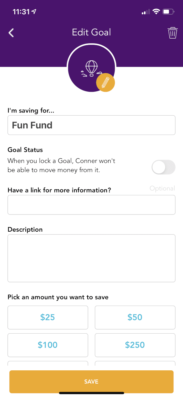 savings goal editing screen where parents can lock spending, and kid picks goal and deadline and amount